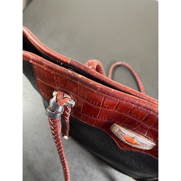 BRIGHTON Pebbled Black Leather Bucket Bag Purse Embossed Brown Croc Leather - Picture 5 of 16